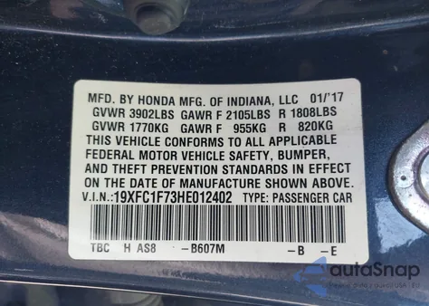 2017 Honda Civic Ex-L from USA, damaged, VIN 19XFC1F73HE012402